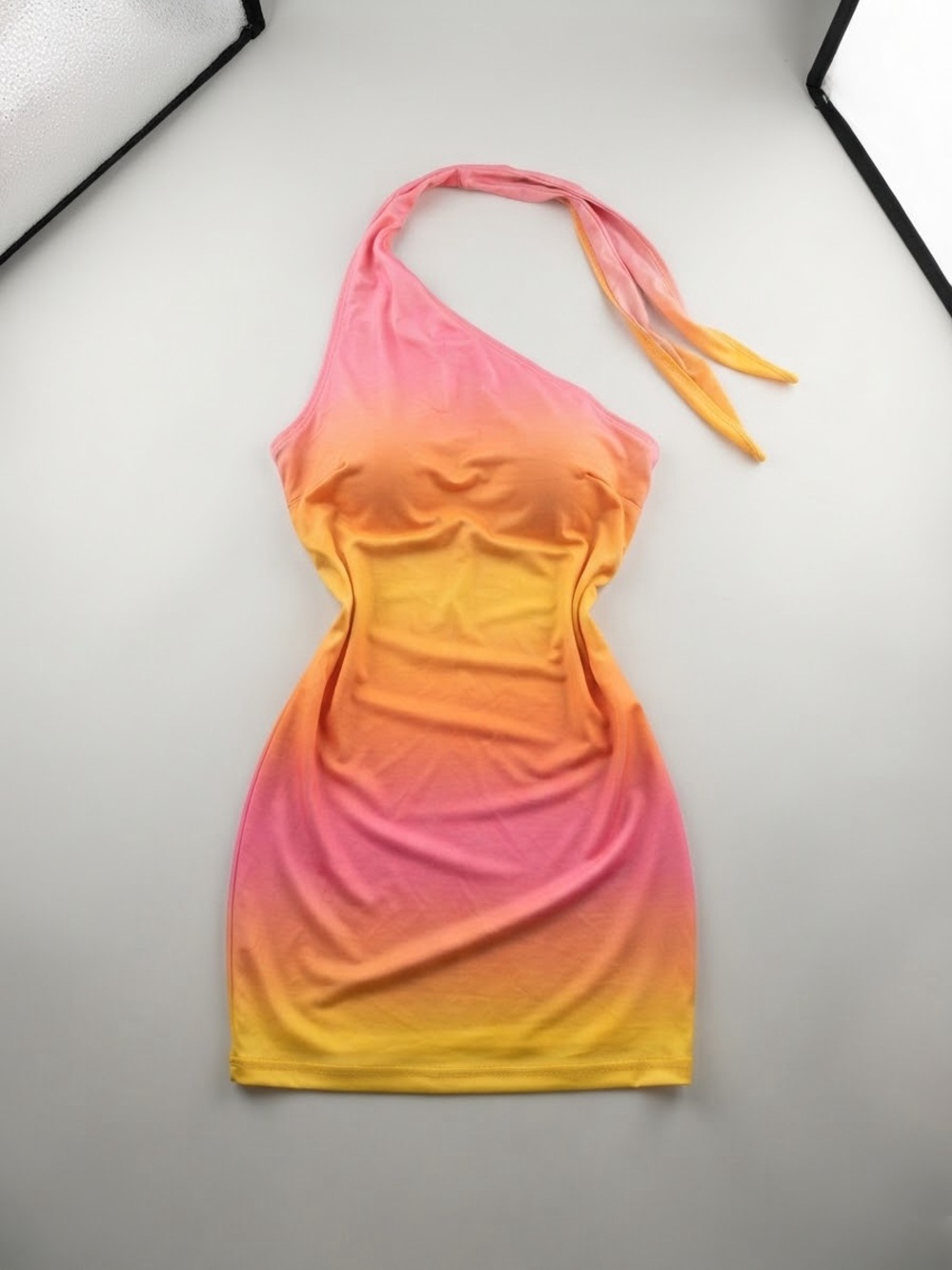 SHEIN Pink and Yellow Ombre One-Shoulder Mini Dress
